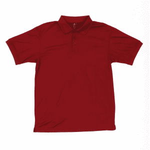 A red polo shirt featuring a collar and three buttons, with a logo on the upper part.