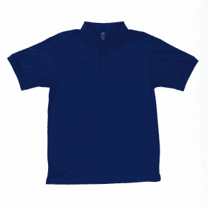 A navy blue polo shirt with a collar and three buttons, featuring a logo.