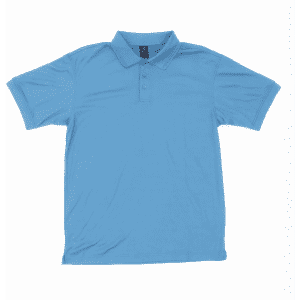A light blue polo shirt with a collar and three buttons, featuring a logo on the label.