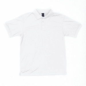 A white polo shirt with short sleeves and a collar, featuring a logo on the front.