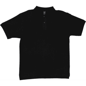A black polo shirt with a collar, featuring a buttoned placket and a logo on the label.