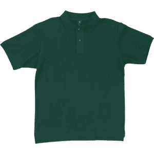 A dark green polo shirt featuring a collar and a placket with buttons, accompanied by a logo.