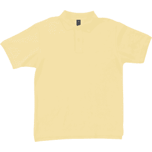 A yellow polo shirt with a collar and a button placket, featuring a logo on the label.