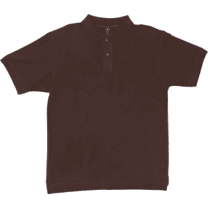 A maroon polo shirt with a collar and three-button placket, featuring a branding logo.