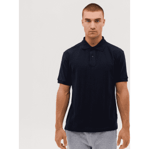 A navy polo shirt with a collar and short sleeves, featuring a logo on the chest.