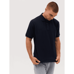 A navy blue polo shirt with a collar and short sleeves, featuring a logo on the chest.