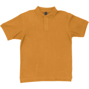 A short-sleeved polo shirt in a vibrant mustard yellow colour, featuring a collar and buttons. It has a logo.