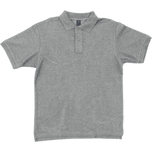 A grey polo shirt with a collar and three buttons, featuring a logo on the chest.