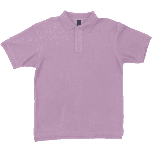 A lavender polo shirt featuring a collar and button placket, with a logo on the chest.