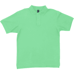 A green polo shirt with a three-button placket and a collar, featuring a small logo on the chest.
