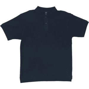 A navy polo shirt featuring a collar and three buttons, with a logo on the left side.