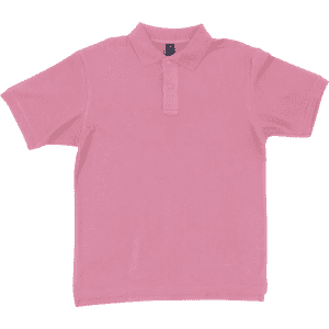 A pink polo shirt featuring a collar and buttons, with a logo on the front.