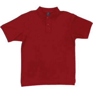 A red polo shirt featuring a collar, short sleeves, and a branded logo.