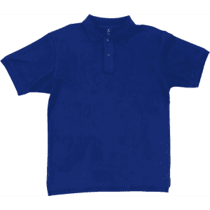 A navy polo shirt featuring a collar and button placket, with a logo on the chest.
