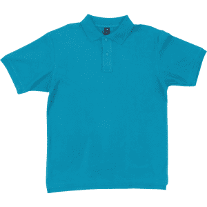 A turquoise polo shirt with a collar and buttons, featuring a logo on the chest.