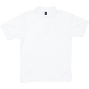 A plain white polo shirt featuring a collar and short sleeves. It has a logo on the front.