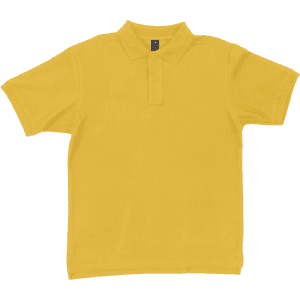 A yellow polo shirt featuring a collar and three-button placket, with a logo on the tag.