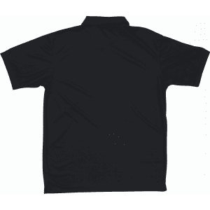 A black polo shirt featuring a collar and short sleeves, with a subtle branding logo.