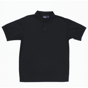 A navy blue polo shirt with a collar and buttons, featuring a logo on the chest area.