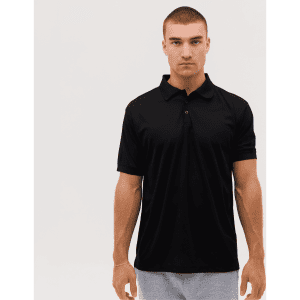 A black polo shirt displayed on a male model, featuring a collar and buttoned placket. The model stands against a plain background.