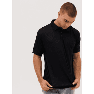 A black polo shirt displayed on a model, featuring a logo on the chest area.