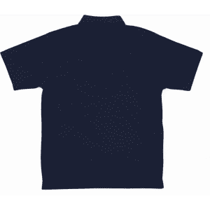 A navy polo shirt featuring a classic collar and a back view. The shirt includes a branding logo.