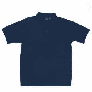 A navy blue polo shirt with a collar and buttoned placket, featuring a logo on the chest area.