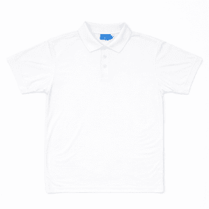 A white polo shirt featuring a collar and button placket, with a logo on the inside neck.