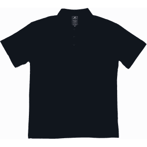 A black polo shirt with a collar and three buttons, featuring a branding label on the inside.