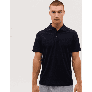 A black polo shirt with a collar and three buttons, featuring a logo on the chest.
