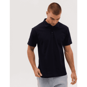 A navy blue polo shirt featuring a collar and short sleeves, displayed on a model. It has a branding logo.