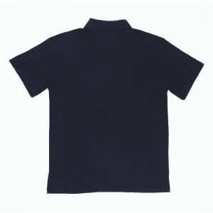 A navy polo shirt featuring a collar and short sleeves, with a logo on the back.