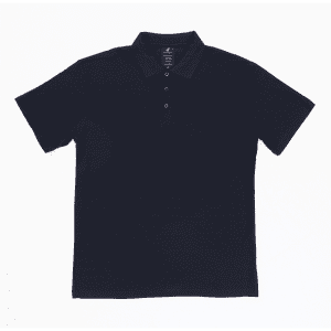 A navy polo shirt with a collar and button placket, featuring a small logo on the chest.