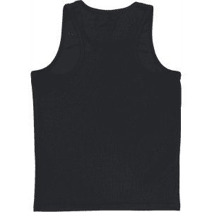 A black youth singlet featuring a simple design and a logo. Ideal for casual or athletic wear.