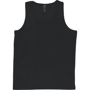 A black youth singlet with a fitted design, featuring a logo on the fabric.