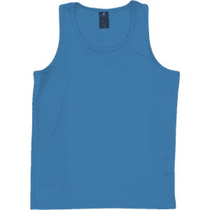 A bright blue youth singlet with a round neckline and a logo tag on the inside.