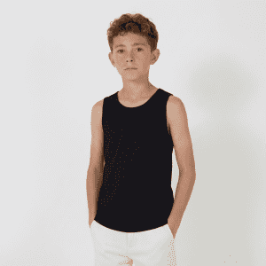 A youth singlet in black, featuring a relaxed fit and simple design. It has a logo on the front.