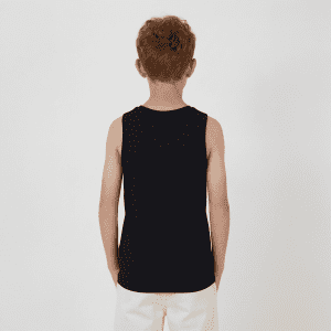 A black youth singlet displayed on a child from the back, hands in pockets, against a plain background.