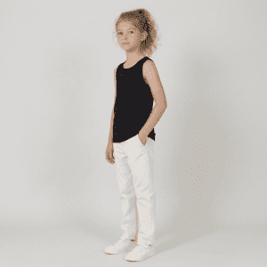 A youth singlet in black, styled with white pants and white shoes, featuring a logo.