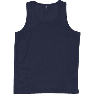 A navy blue youth singlet with a simple design and a label inside. The garment has no sleeves and a round neck.