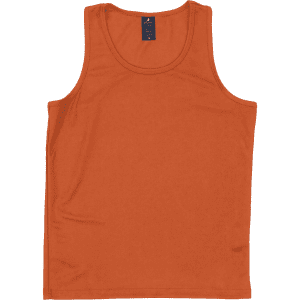 An orange youth singlet with a plain design and a branded label at the neckline.