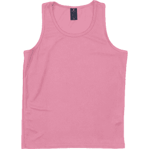 A pink youth singlet featuring a logo at the neckline. The fabric appears smooth and lightweight.