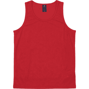 A red youth singlet with a crew neck and sleeveless design. It has a logo on the label.