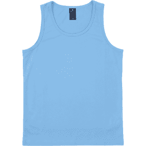 A light blue youth singlet with a plain design and a branding label at the neckline.