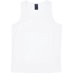 A white youth singlet featuring a round neckline and a logo on the label.