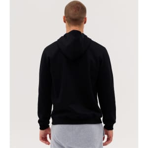 A black hooded sweatshirt viewed from the back, featuring a simple design and a hood.