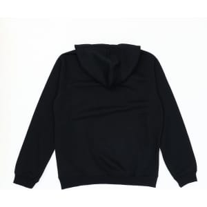 A black hoodie with a hood, featuring long sleeves and a plain back design.