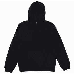 A black hooded sweatshirt featuring a front pocket and a drawstring hood. It has a logo on the front.