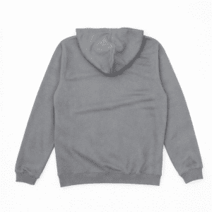 A grey hoodie with a drawstring hood, featuring long sleeves and a ribbed hem. The back view is shown.