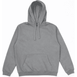 A grey hoodie with a front pocket and drawstrings attached to the hood. It features a logo.